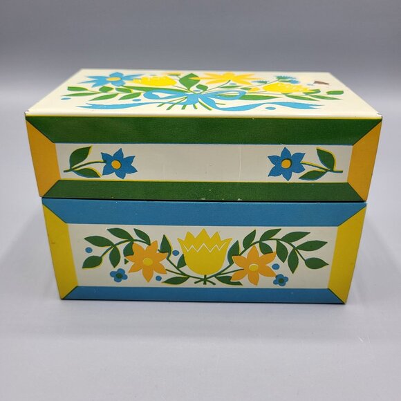 Vintage Syndicate Recipe Card Tin Recipe Box W/ Grandmas Recipes Floral Folk Art - Picture 1 of 16